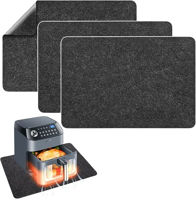 Kitchen Mats - 耐熱マット キッチン 断熱マット 保護マット 滑り止め 調理台保護マット 亀裂防止 ノンフライヤー 電子レンジ用 シリコン フェルト (ブラック, 3枚（サイズ：44x30cm）)
