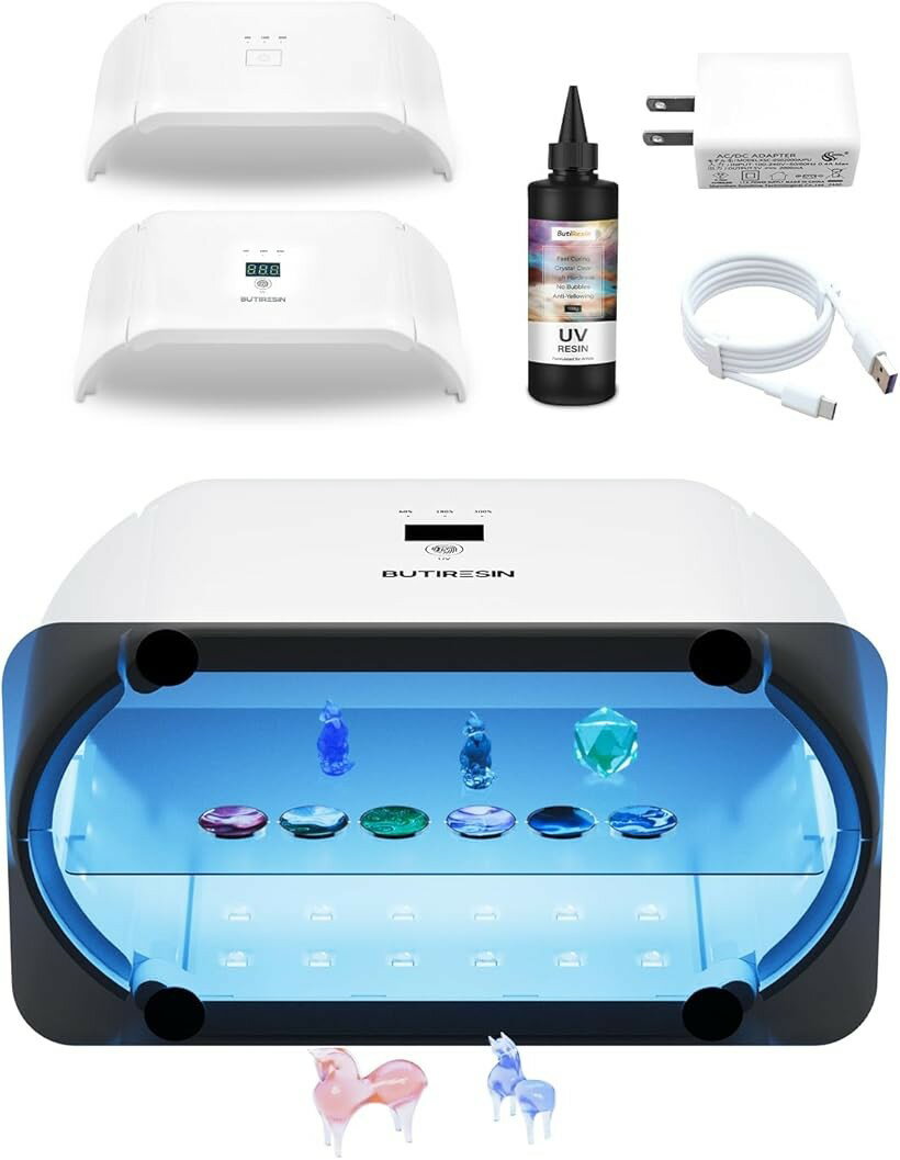 Craft - UVライト アドバンス 2 in 1 両面長時間設定 60s、180s、300s 48 個の LED 48W 付き レジン 360 度サラウンド光源 uvレジンキット (ホワイト, 48 LEDs + UV RESIN 100G)