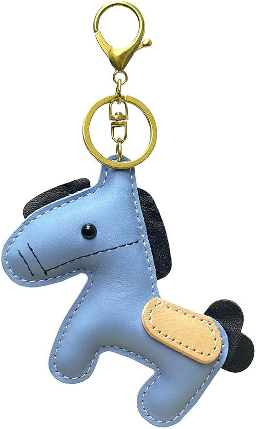 Other - 馬 ウマ キーホルダー かわいい 革 レザー リュック バッグ 飾り チャーム シンプル ペア プレゼント ストラップ カラー うま (ブルー, 全長17x幅8x厚み2.5cm)