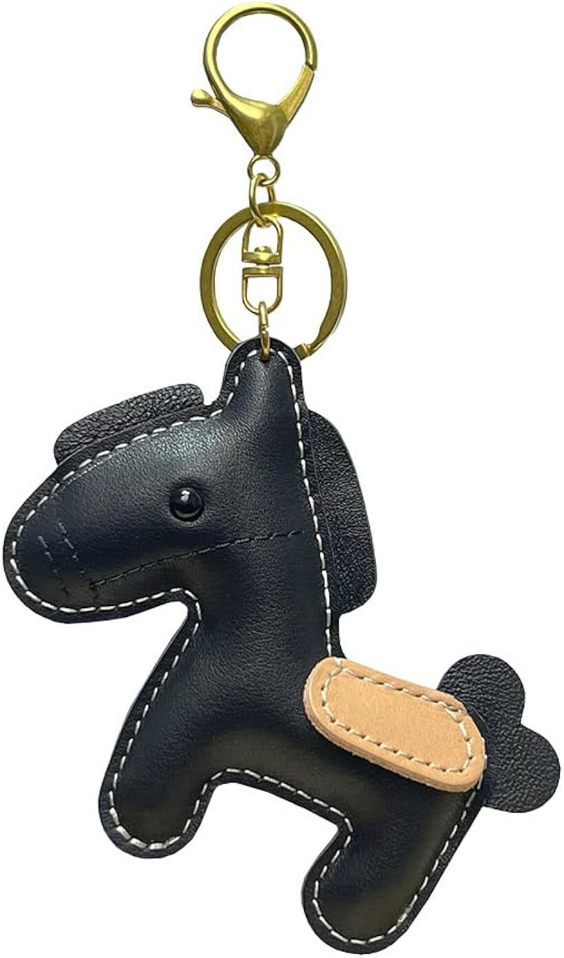 馬 ウマ キーホルダー かわいい 革 レザー リュック バッグ 飾り チャーム シンプル ペア プレゼント ストラップ カラー うま (ブラック, 17x8x2.5 cm)