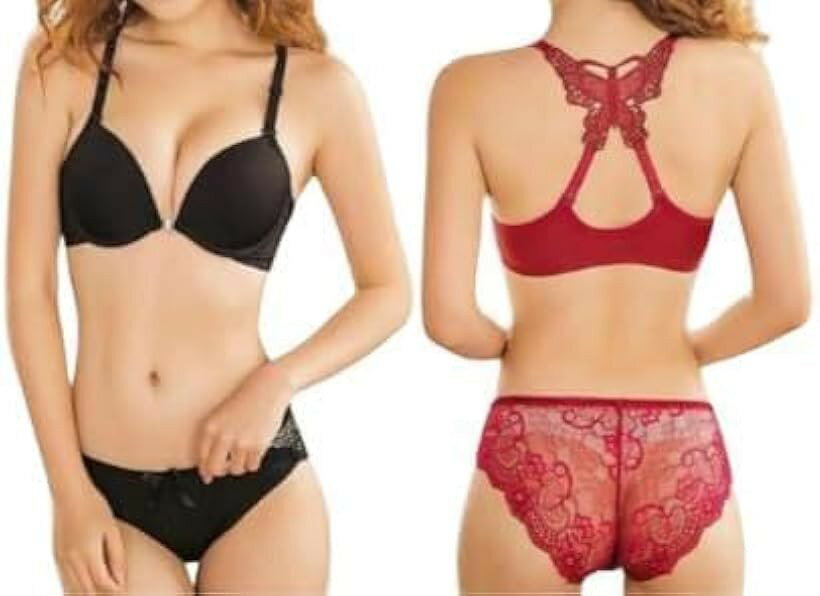 Set - ブラジャー レース ショーツ 上下セット フロントホック 2色セット 蝶柄 ランジェリー (ブラック/レッド, L)