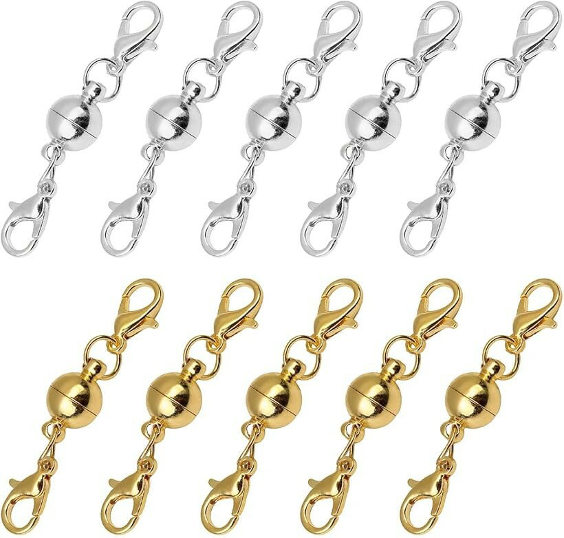 ネックレス マグネット クラスプ 留め具 ロブスター ハンドメイド 10個セット ゴールド＋シルバー 8mm (ゴールド＋シルバー, 8mm)