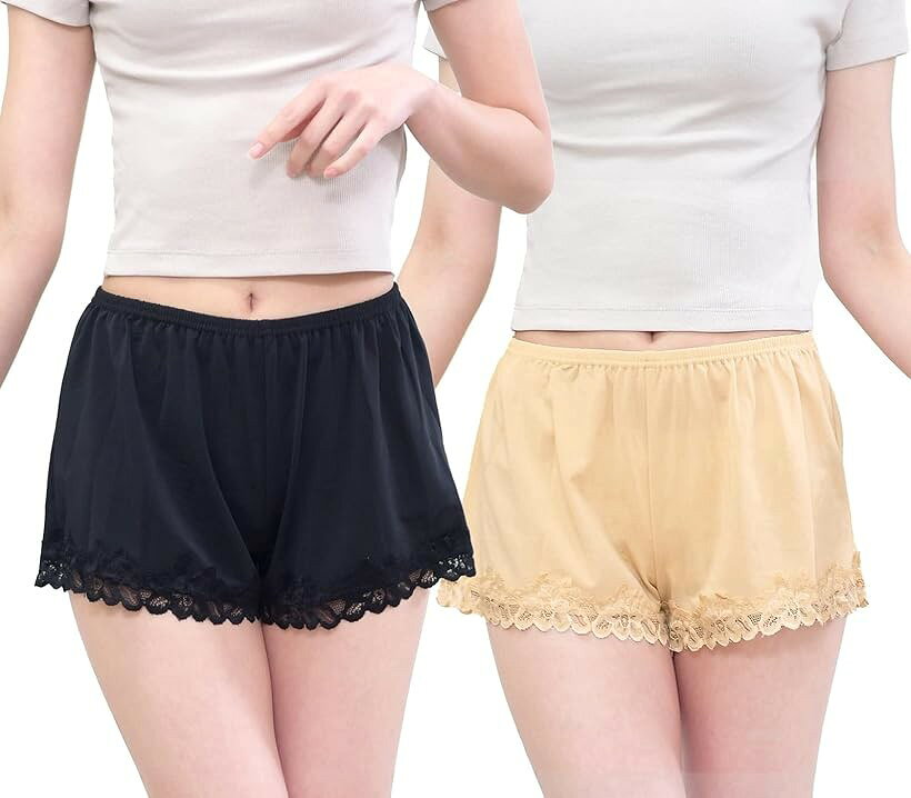レディース 女性 パンツ ペチコート ペチパンツ (ブラック＆ベージュ, L-LL)