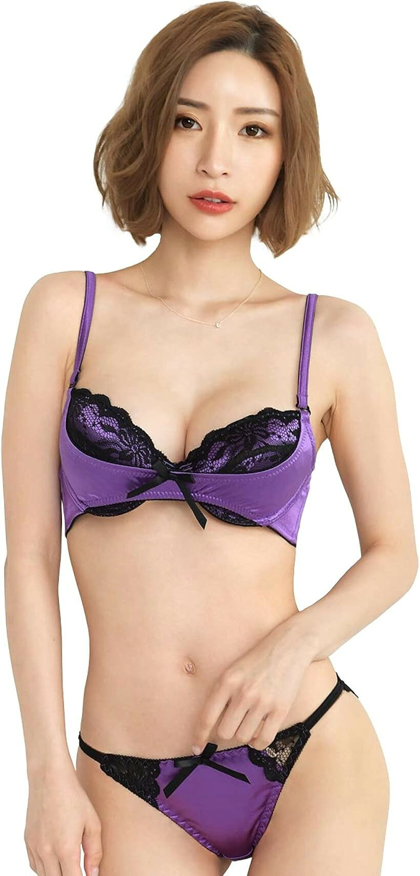 レディース ブラジャー ショーツ 上下 セット 女性 下着 (パープル, D85)