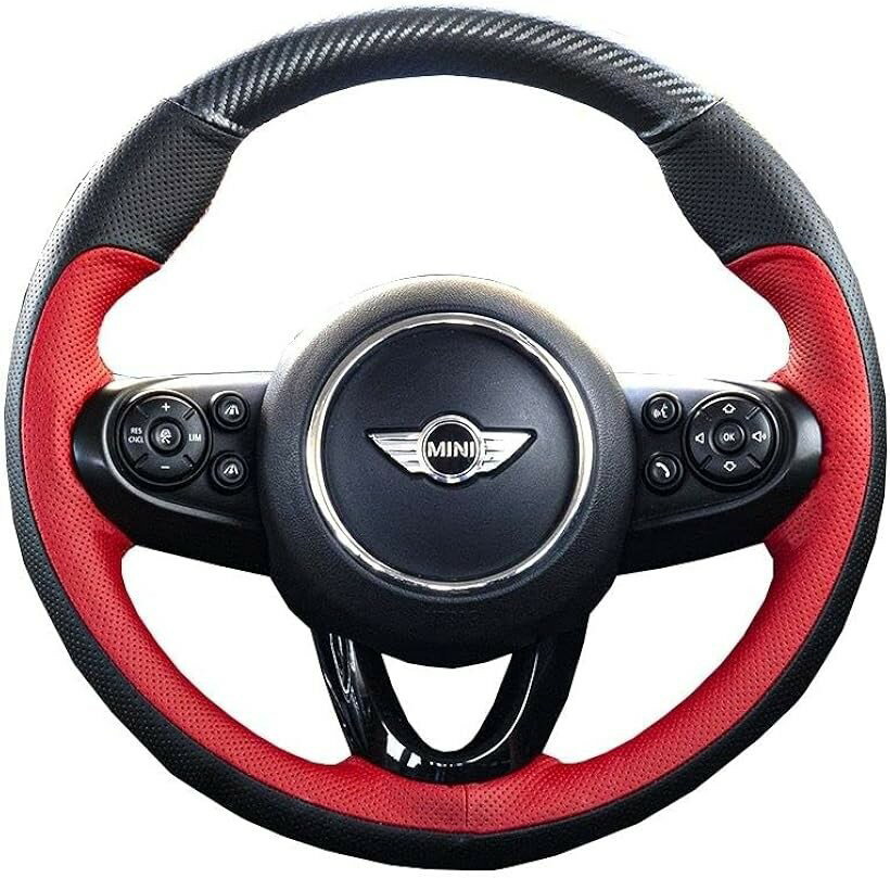スカイベル ハンドルカバー 編み込み ミニクーパー BMW MINI f54 f55 f56 f57 f60 対応 縫い込み 式 ステアリング (レッド)