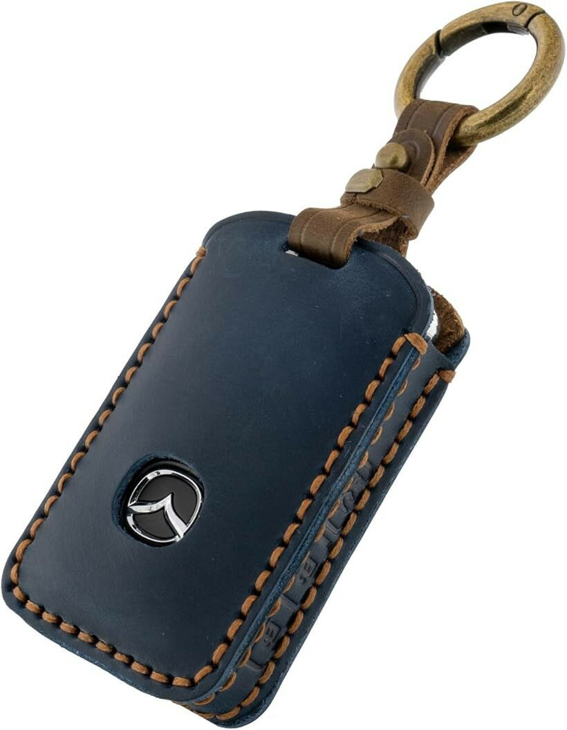 キーケース マツダ CX3 CX5 CX8 CX30 CX60 MX30 ロードスター 他 対応 3ボタン 本革 キーカバー スマートキー 鍵ケース 車 スカイベル (ネイビー)