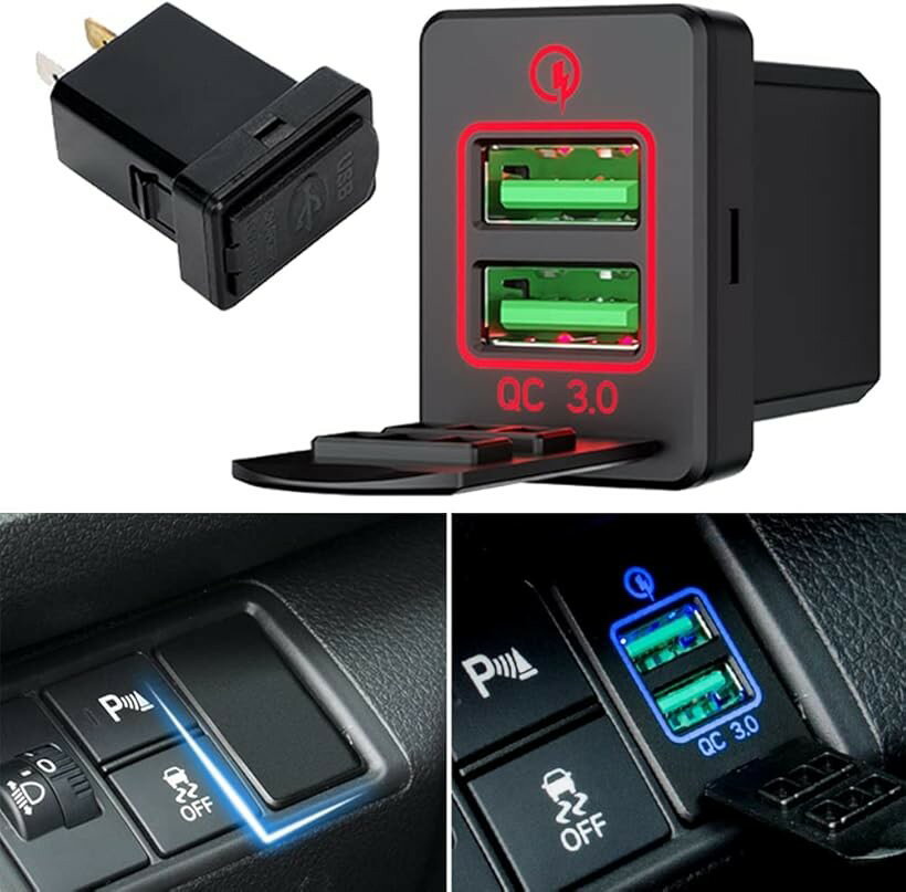 互換品トヨタ USB電源 USBポート 2ポート搭載 スイッチホール パネル カバー キャップ付 スマホ タブレット 充電 TOYOTA 汎用 レッド (レッド)