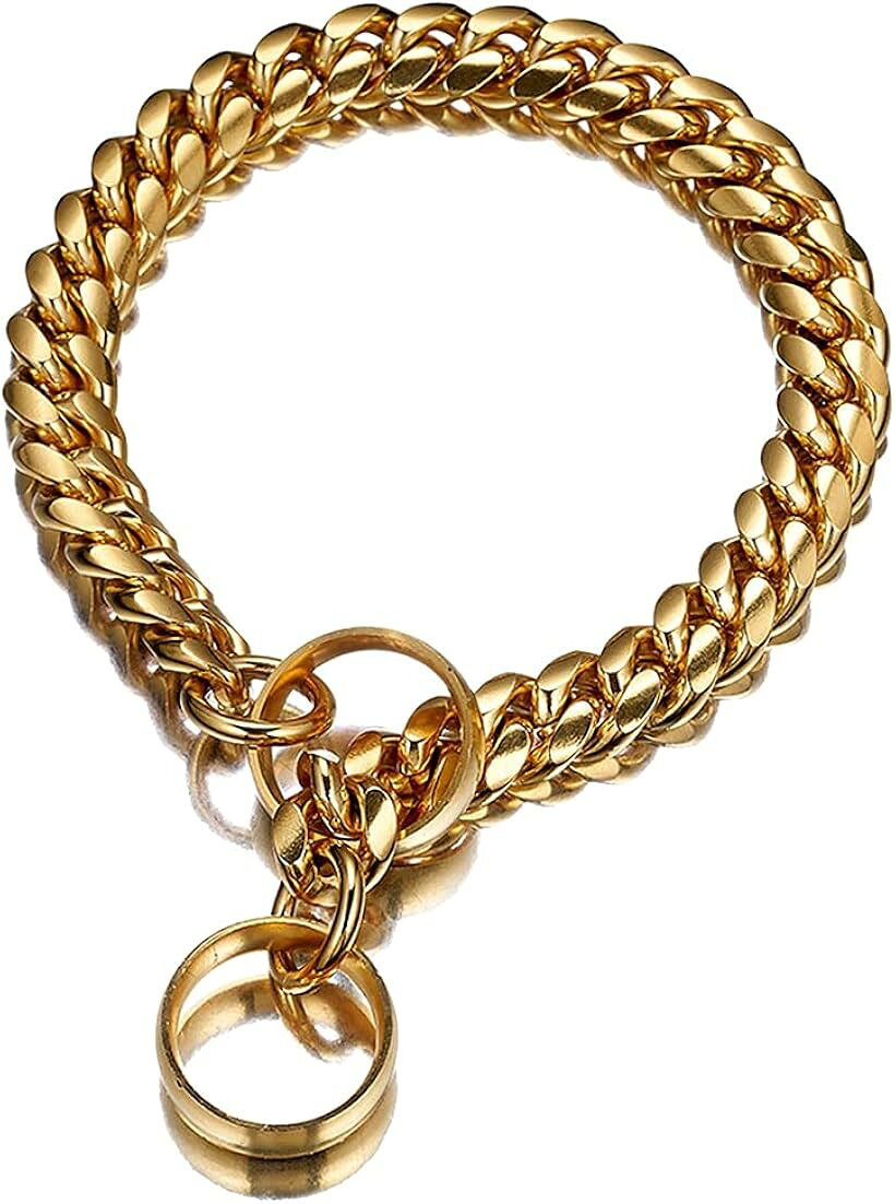ペット 首輪 ステンレス ドッグ チェーン メタル チョーク ゴールド 18K 18インチ (ゴールド, 18インチ)