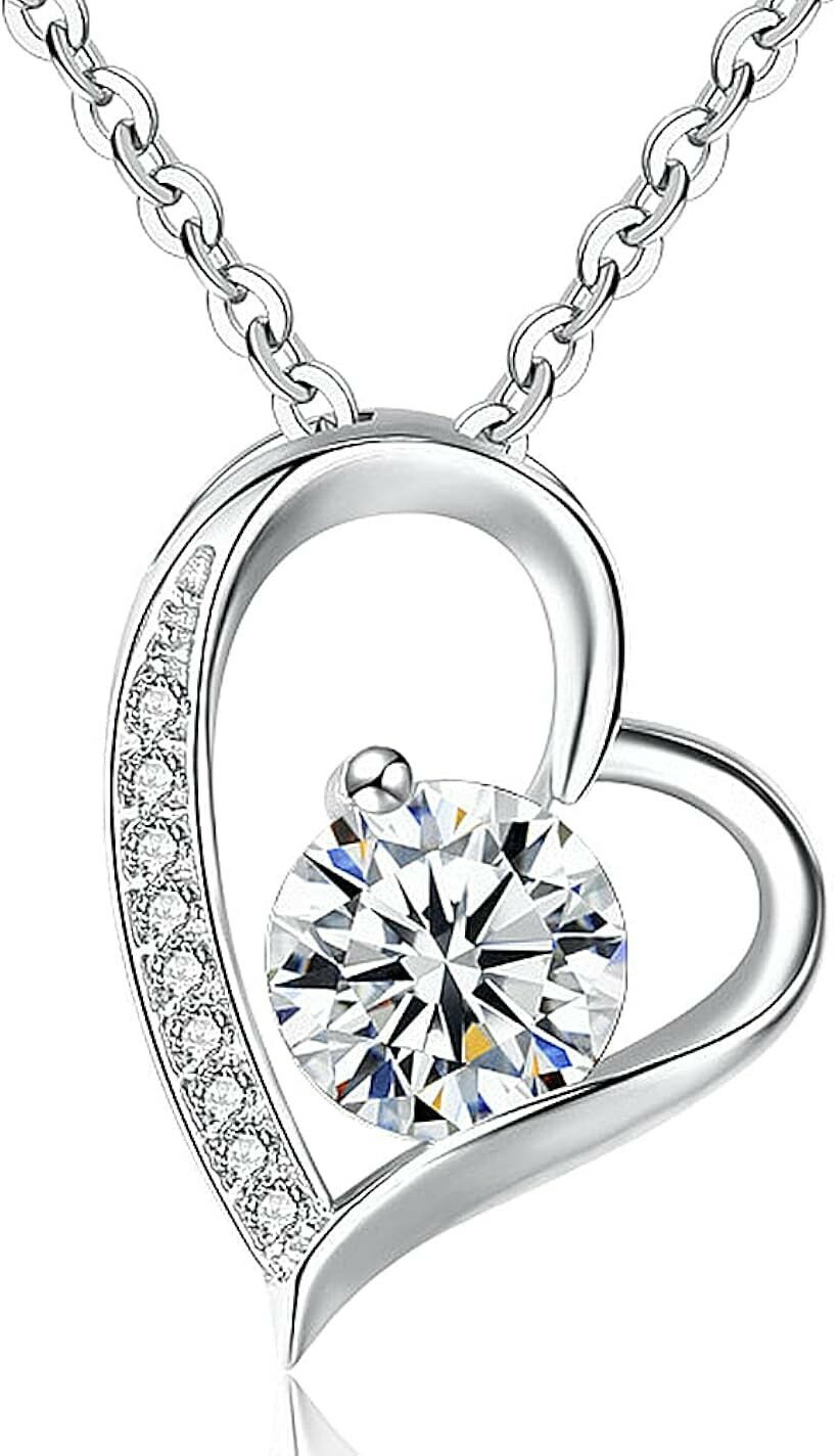 Rhodolite - ネックレス レディース ハートデザイン ペンダント 天然石 ジルコン シルバー925 金属アレルギー対応 ギフトBOX ジュエリーポーチ付 (ピュアクリア)