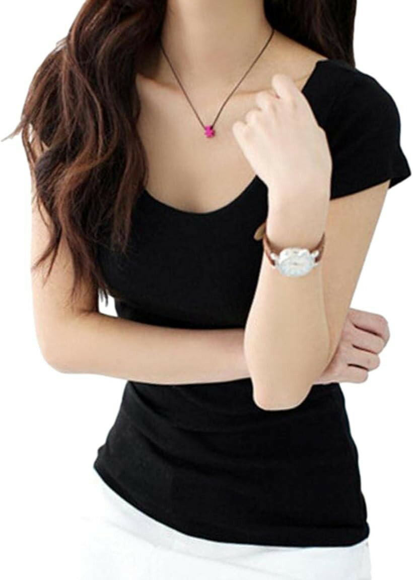 Garments - 美しく魅せる クルーネック 半袖 Tシャツ カットソー コットン 半袖Tシャツ 薄手 レディース 8700 (ブラック, L)