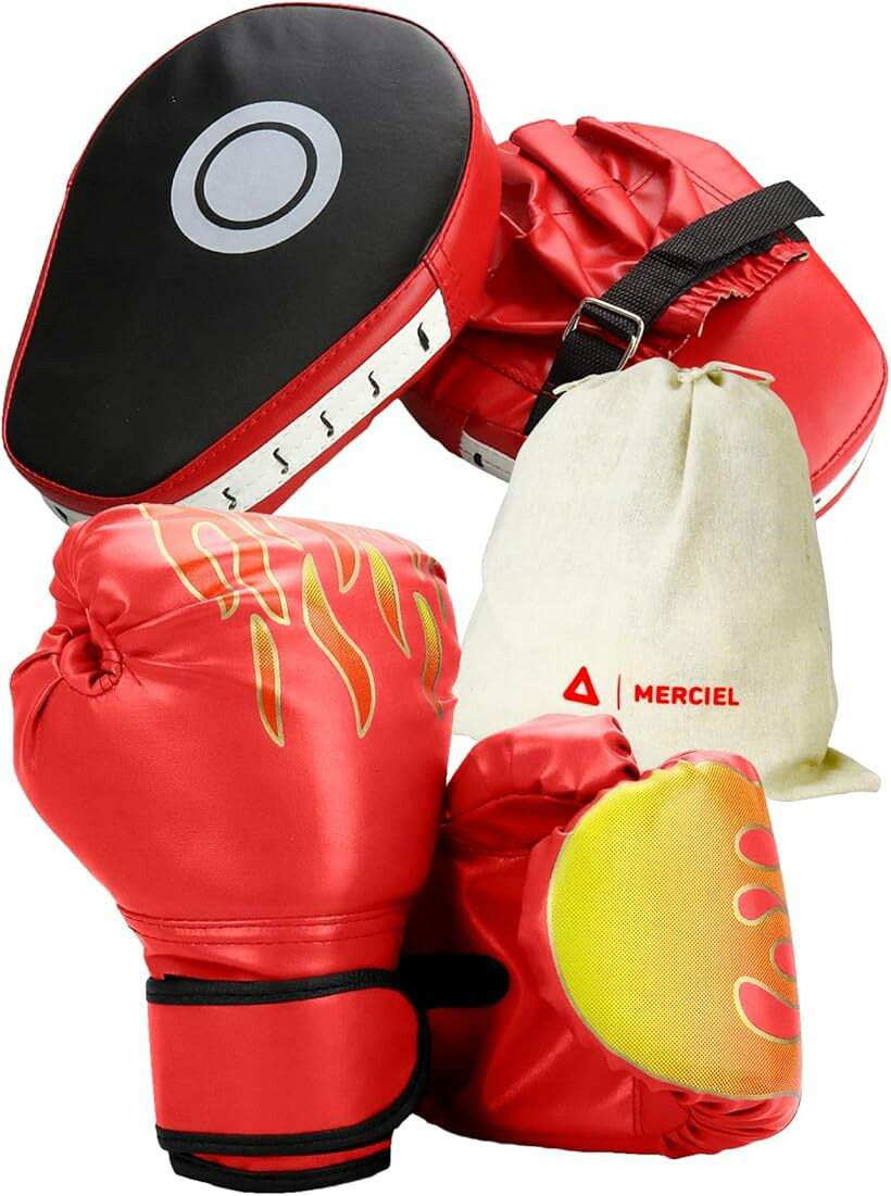 Training Goods - マーシェル 親子でボクシング 子供用グローブ 大人用ミット セット 収納袋付き (収納袋付きレッド)