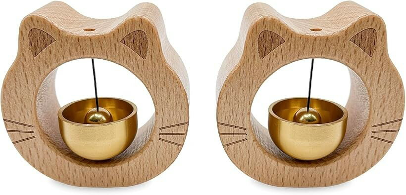 ドアベル 猫 鈴 木製 非電動式 玄関チャイム ドアチャイム 取付簡単 マグネット式 両面テープ付き ホーム用 店舗用 (ナチュラル2個入り, 小型)