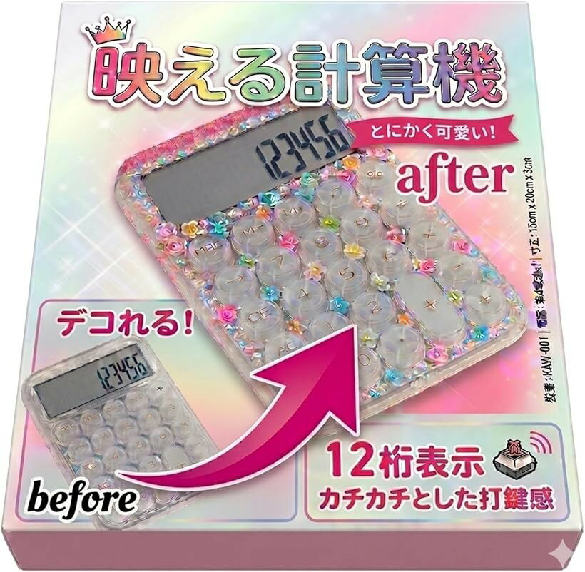 商品コード2brvwq46sd商品名電卓 おしゃれ 12桁 計算機 かわいい 可愛い SNS映え 音が鳴る 計算機 丸ボタン クリスタル オフィス デスクブランドlattreカラークリア/透明「地味な日常を、盛り盛りの可愛さで塗りつぶせ。」ただの計算機では物足りない。そんなあなたに贈る、デザインと機能性を両立させたメカニカル式電卓。透明度の高いクリスタルボディだから、文具女子もうっとりのSNS映えな装飾も可能です。「見やすい12桁表示」 大型液晶ディスプレイを採用し、数字がくっきり見やすい設計。最大12桁まで表示可能なので、家計簿からビジネスシーンまで幅広く活躍します。「滑り止め＆静音設計」 本体の裏面には滑り止めパッドを装備。デスク上でズレにくく、安定したタイピングが可能です。また、メカニカル風でありながら耳に心地よい打鍵音で、周囲を気にせず使用できます。「プレゼントにも最適」 お洒落な文房具が好きな学生さんや、デスク周りにこだわりたいオフィスワーカーへのギフトにもぴったり。新学期や入社のお祝い、誕生日プレゼントとしても喜ばれるアイテムです。「サイズと電源」 約150mmx95mm、単4電池1本使用(別売り)。高強度ABS素材で耐衝撃性に優れ、プレゼントにも最適なアイテムです※ 他ネットショップでも併売しているため、ご注文後に在庫切れとなる場合があります。予めご了承ください。※ 品薄または希少等の理由により、参考価格よりも高い価格で販売されている場合があります。ご注文の際には必ず販売価格をご確認ください。※ 沖縄県、離島または一部地域の場合、別途送料の負担をお願いする場合があります。予めご了承ください。※ お使いのモニタにより写真の色が実際の商品の色と異なる場合や、イメージに差異が生じることがあります。予めご了承ください。※ 商品の詳細（カラー・数量・サイズ 等）については、ページ内の商品説明をご確認のうえ、ご注文ください。※ モバイル版・スマホ版ページでは、お使いの端末によっては一部の情報が表示されないことがあります。すべての記載情報をご確認するには、PC版ページをご覧ください。デコレーションも自由自在でSNS映えも抜群。カチカチとした心地よい打鍵感が特徴で、メカニカルキーボードのような打ち心地を実現しています。丸型のレトロなボタンは指にフィットしやすく、長時間の計算作業も快適に行えます。大型液晶ディスプレイには最大12桁まで表示可能で、数字がくっきり見やすい設計。家計簿の管理からビジネスシーンまで幅広く活躍します。本体裏面には滑り止めパッドを装備し、デスク上でズレにくく安定したタイピングが可能です。学生さんやオフィスワーカーへのプレゼントにも最適な、可愛くて実用的なアイテムです。サイズは約150mmx95mm、単4電池1本で動作します。高強度ABS素材で耐衝撃性に優れています。