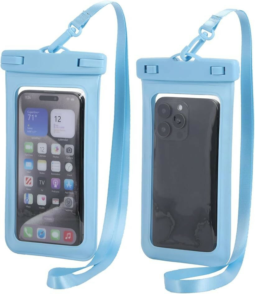 スマホ 防水 ケース 携帯 ポーチ 水中 タッチ 浮く 水中撮影 両手解放 ストラップ付き 海 プール (ブルー)