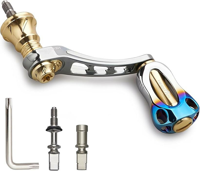 45-50mm可変 リール ハンドル 22mm アルミ ノブ カーボンノブ搭載 シマノ ダイワ 通用 スピニングリール Arch Series 焼き色アルミノブ搭載 ガンメタル＆ゴールド (焼き色アルミノブ搭載 - ガンメタル＆ゴール)