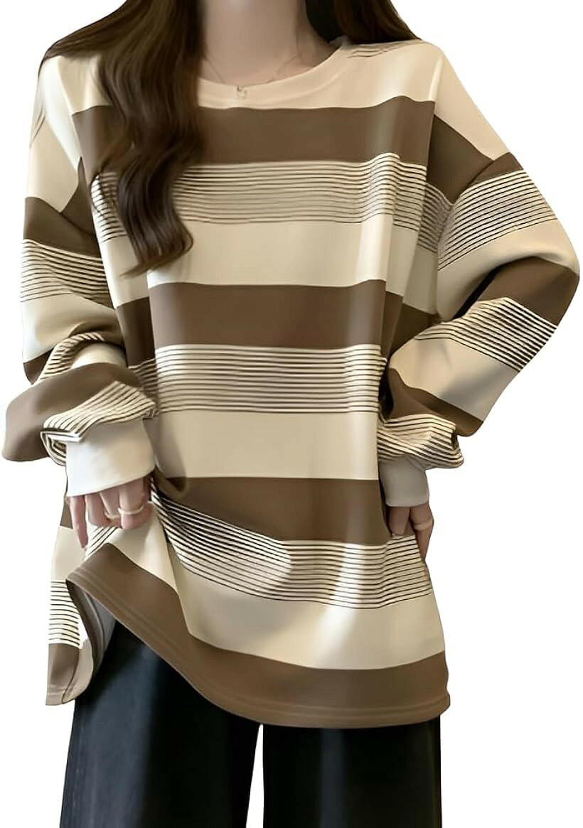 バリエーションコード : 2bu23l44qt商品コード2bu23l3krv商品名ボーダー Tシャツ クルーネック トレーナー レディース 長袖 大きいサイズ パーカー 春 秋 冬 薄手 オーバーサイズ おしゃれ 可愛い 韓国 体型カバーブランドREG8（レグエイト）カラーベージュサイズ等M「素材」ポリエステル「カラー」ブラック/ベージュ「サイズ」M/L/XLM:着丈62cm/胸囲114cm/肩幅55cm/袖丈50cmL:着丈63cm/胸囲120cm/肩幅58cm/袖丈51cmXL:着丈64cm/胸囲124cm/肩幅60cm/袖丈52cm＊詳細は写真をご覧ください＊快適な着心地の1枚 春・秋・冬の季節にぴったりな薄手で快適なオーバーサイズプルオーバーです。100%コットンの柔らかい生地を使用し、通気性が良く、肌にやさしい仕上がりです。長時間の着用でもムレにくく、快適な着心地が持続します。＊ボーダー柄 シンプルながらも存在感のあるボーダー柄が、清潔感とカジュアル感を両立し、トレンド感のある韓国風ファッションが簡単に楽しめます。＊これが特徴 クルーネックは、首元に優しくフィットします。袖口や裾のリブが冷気を防ぎ、保温性を高める一方で、シルエットをすっきりと見せてくれます。ヒップラインまでカバーする長め丈は、レギンスやスキニーパンツとも相性抜群。＊年齢層を問わない 10代～50代の幅広い女性にフィットするデザインで、可愛さと大人っぽさを両立したベーシックなアイテムです。「着るだけでサマになる」そんな理想を叶える、1枚は持っておきたいボーダートップスです＊ 画面上のサイズが多少異なる場合、色が液晶の関係上多少異なることがございます。ご了承ください。※ 他ネットショップでも併売しているため、ご注文後に在庫切れとなる場合があります。予めご了承ください。※ 品薄または希少等の理由により、参考価格よりも高い価格で販売されている場合があります。ご注文の際には必ず販売価格をご確認ください。※ 沖縄県、離島または一部地域の場合、別途送料の負担をお願いする場合があります。予めご了承ください。※ お使いのモニタにより写真の色が実際の商品の色と異なる場合や、イメージに差異が生じることがあります。予めご了承ください。※ 商品の詳細（カラー・数量・サイズ 等）については、ページ内の商品説明をご確認のうえ、ご注文ください。※ モバイル版・スマホ版ページでは、お使いの端末によっては一部の情報が表示されないことがあります。すべての記載情報をご確認するには、PC版ページをご覧ください。