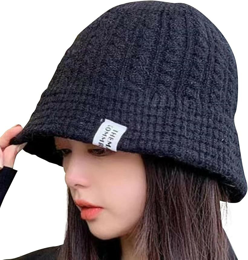 バケハ バケットハット レディース ニット 帽子 おしゃれ かわいい カワイイ (ブラック, 57.0 cm)
