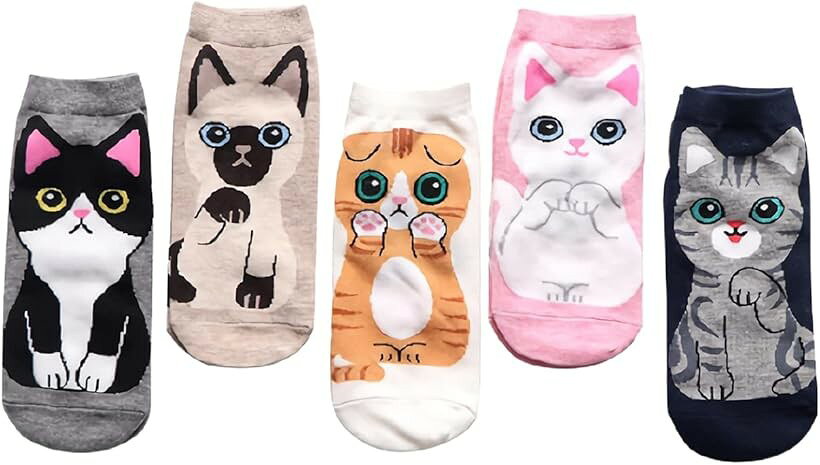 ねこ靴下 5足セット 猫 くつ下 スニーカーソックス レディース くるぶし丈 猫柄 タイプD (タイプD, Free Size)