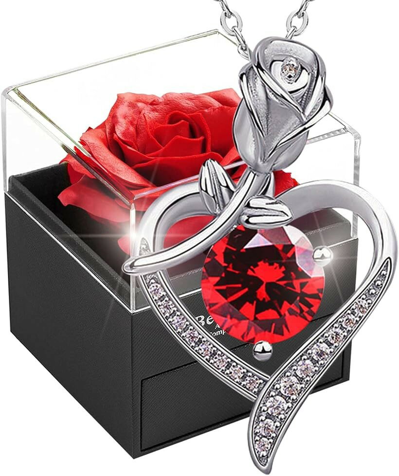 Beads - ソープフラワー バラ ネックレス プリザーブドフラワー レディース シルバー925 女性用ギフト 造花 薔薇 ジュエリー 純銀製 (レッドローズ)