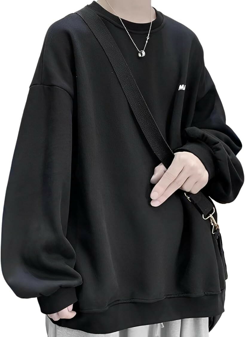 アスペルシオ クルーネック おしゃれトレーナー ワンポイント ロゴデザイン 襟なし プルオーバー メンズ ストリート系 長袖 丸首 トップス スウェットカジュアル 秋冬 スポーツ アウトドア 暖かい あったか 着心地 (ネオブラック, L)