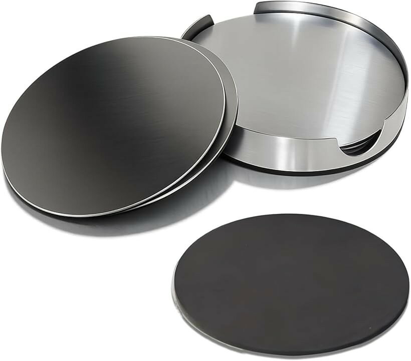 シンプルデザイン ステンレス製コースター 耐熱 防水 滑り止め 断熱 円形 (ライトグレー, 10cm)