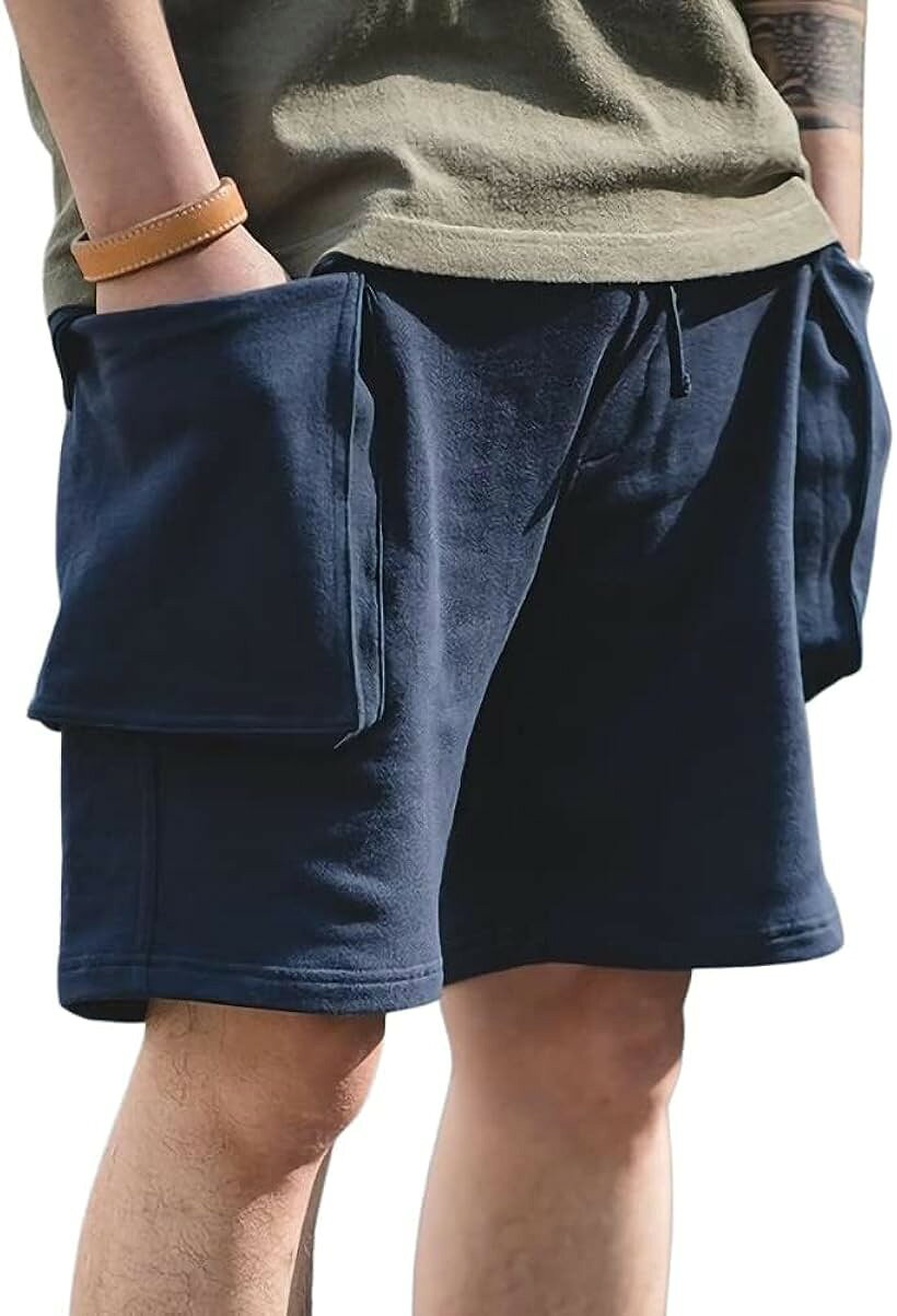 アスペルシオ スエット ハーフパンツ 膝上 ポケットつき ミリタリー カーゴパンツ メンズ ストリート 柔らかい ショートパンツ アウトドア フィットネス 部屋着 ジム ジャージ スウェット (アクアネイビー, M)