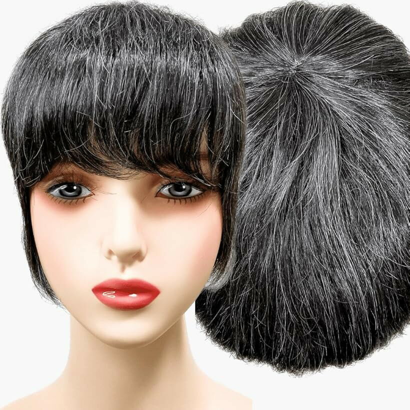 部分ウィッグ かつら ヘアピース ポイントウィッグ 白髪 グレイヘアー 女性 レディース 人工毛 ショート 前髪 ストレート 前髪ウィッグ O型つむじ トップピース グレーヘアー 白2黒8 (白2黒8, グレイヘアーアップ)