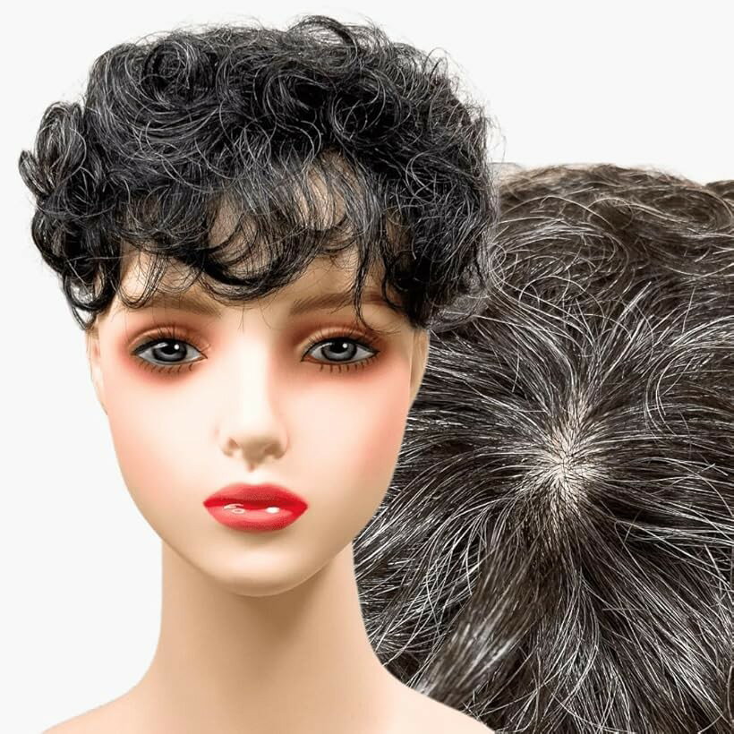 部分ウィッグ かつら ヘアピース ポイントウィッグ 白髪 グレイヘアー 女性 レディース 人工毛 ショート 前髪 ストレート 前髪ウィッグ O型つむじ トップピース グレーヘアー (白2黒8人毛mix, グレイヘアーパーマ)