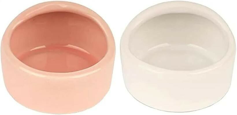 Tableware - ハムスター餌入れ 小動物 食器 フードボウル 丸型 陶器 2個セット 白・ピンクセット (白・ピンクセット)