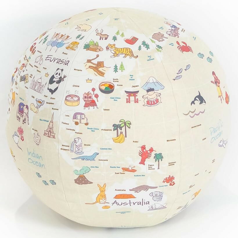 テレット ぎゅっと抱きしめられる地球儀アンティーク 英語 クッション Made in JAPAN (ベージュ（ブラウン）, Sサイズ (直径約25cm ）)