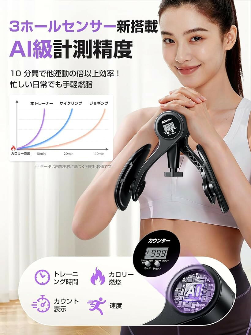 理学療法士監修 骨盤底筋 内転筋トレーニング器具 2-25KG無段階負荷調整＆ディスプレイ搭載 股関節 ストレッチ 足痩せ 太もも 組み立て不要 尿漏れ予防 産後ケア リアルタイムデータ可視化 レジスタンスバンド付き (ブラック) 2