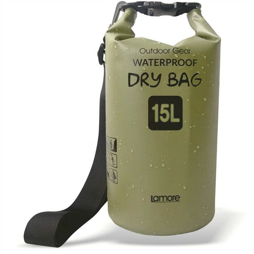 ドライバッグ 防水バッグ 防水ポーチ付 ドラム型 新素材 防塵 (3) アーミーグリーン, 15L)