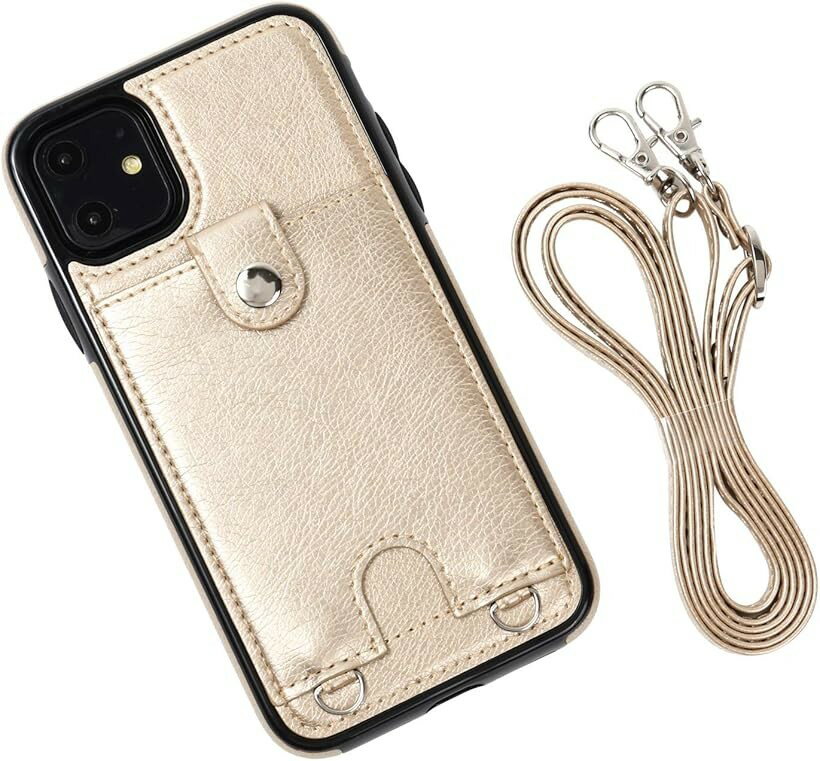 Rakuten - iPhone 12 / Pro スマホショルダー ストラップ ケース 斜めがけ 首掛け 肩掛け カード収納 レディース メンズ iP12/12P ゴールド ML0028 (ゴールド, iPhone 12 / 12 Pro)