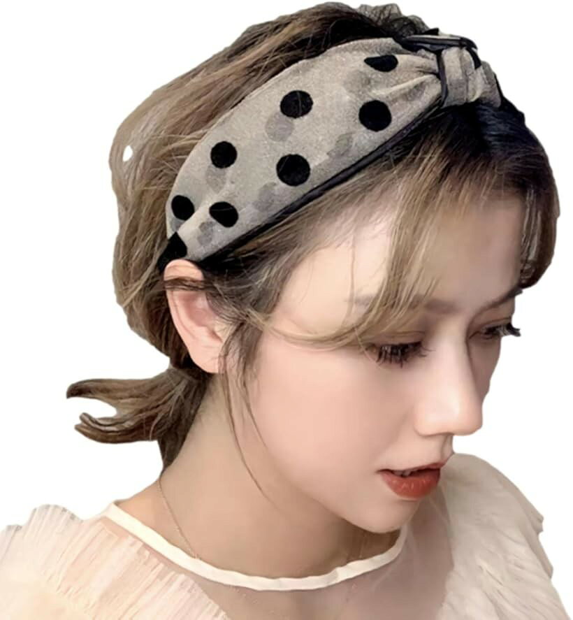 ドット柄 カチューシャ シアー 韓国風 水玉 ヘアバンド リボン レディース ベージ...
