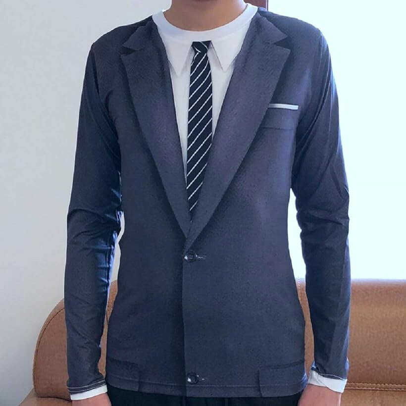 エムラインストアの思わず吹き出す 爆笑 3Dプリント おもしろ 長袖 Tシャツ フェイク デザイン だまし絵 コスプレ パーティ 変装 コスチューム 仮装 ハロウィン (長袖スーツ, L（日本サイズM))｜アングル2