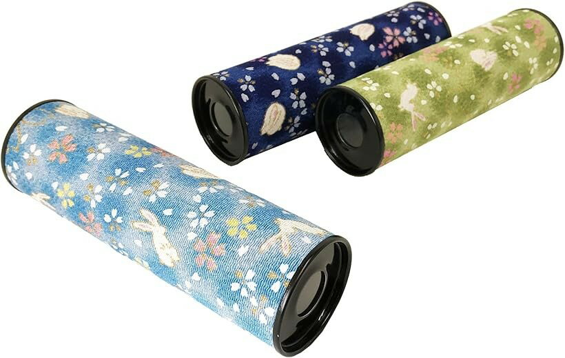万華鏡 3個セット ちりめん 日本製 懐かし玩具 子供 うさぎ柄 桜柄 おもちゃ 民芸品 水色、紺、緑 (水色、紺、緑)