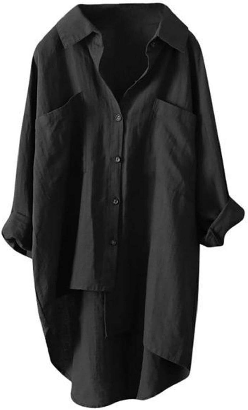 Rakuten - ゆったり 抜け感 綿 麻 長袖 七分 前後差 シャツ レディース ブラック 2XL (ブラック, 2XL)