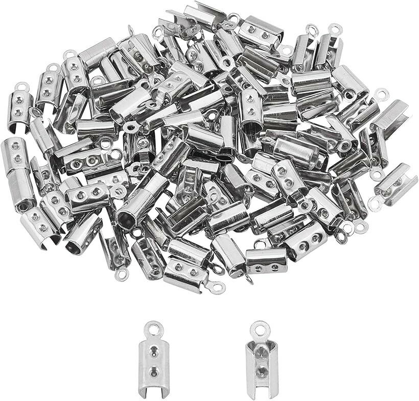 約100個 内径4mm ステンレス エンドパーツ 304ステンレス エンドビーズ キット クリンプエンド 折り圧着ビーズ 接続パーツセット ひも留め コードエンド ターミネータ ロープバックル (ステンレス色#2-100個, 内径4mm)