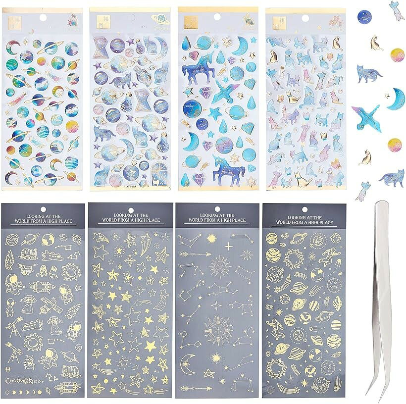 8枚 ステッカー 宇宙 月 惑星 猫 手絵 手帳日記 DIY手作り 手帳ステッカー (宇宙)