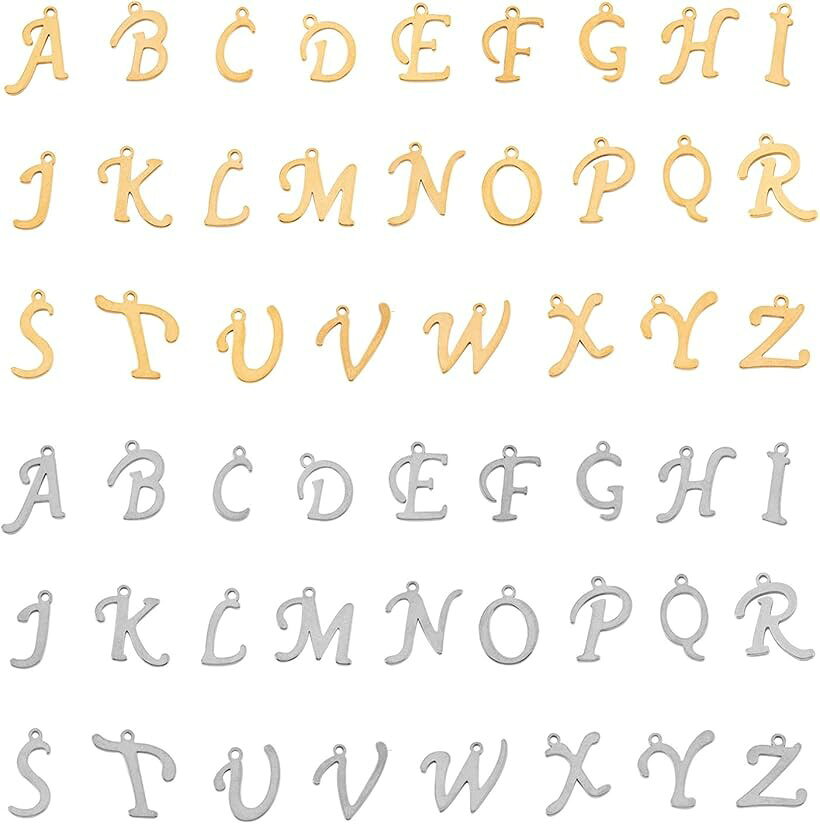 約52個 2色 26種 アルファベットチャーム 304ステンレスチャーム レータ 文字A-Z ペンダント イニシャルチャーム メタルチャーム (2色-52個)