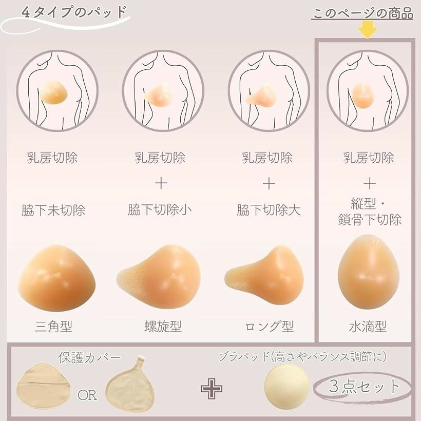 人工乳房 水滴型 シリコンパッド 保護カバー ブラパット 3点セット フック付き 乳...