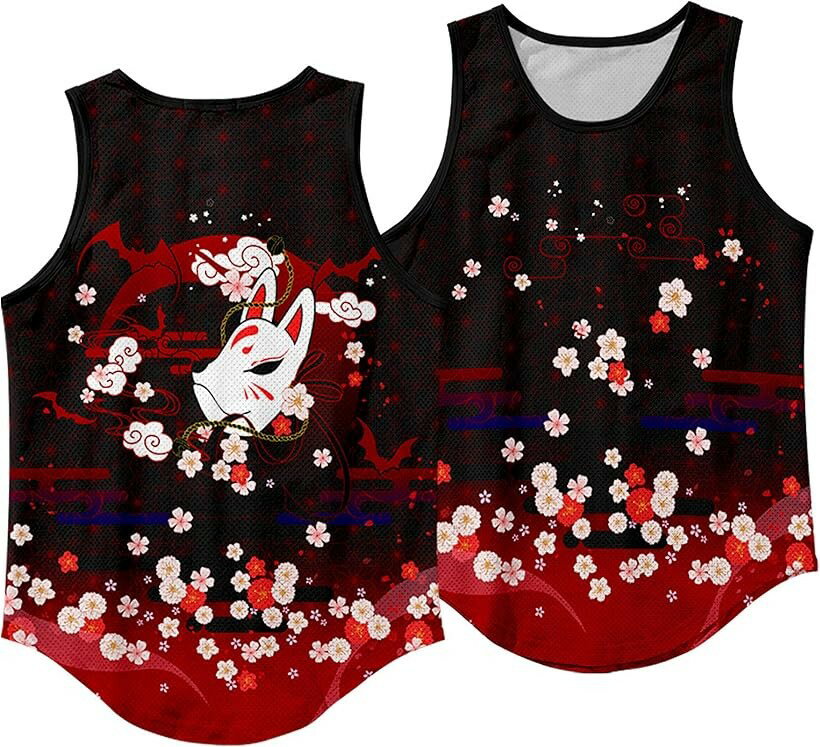 プリント タンクトップ メンズ 花と狐面 L (花と狐面, L)