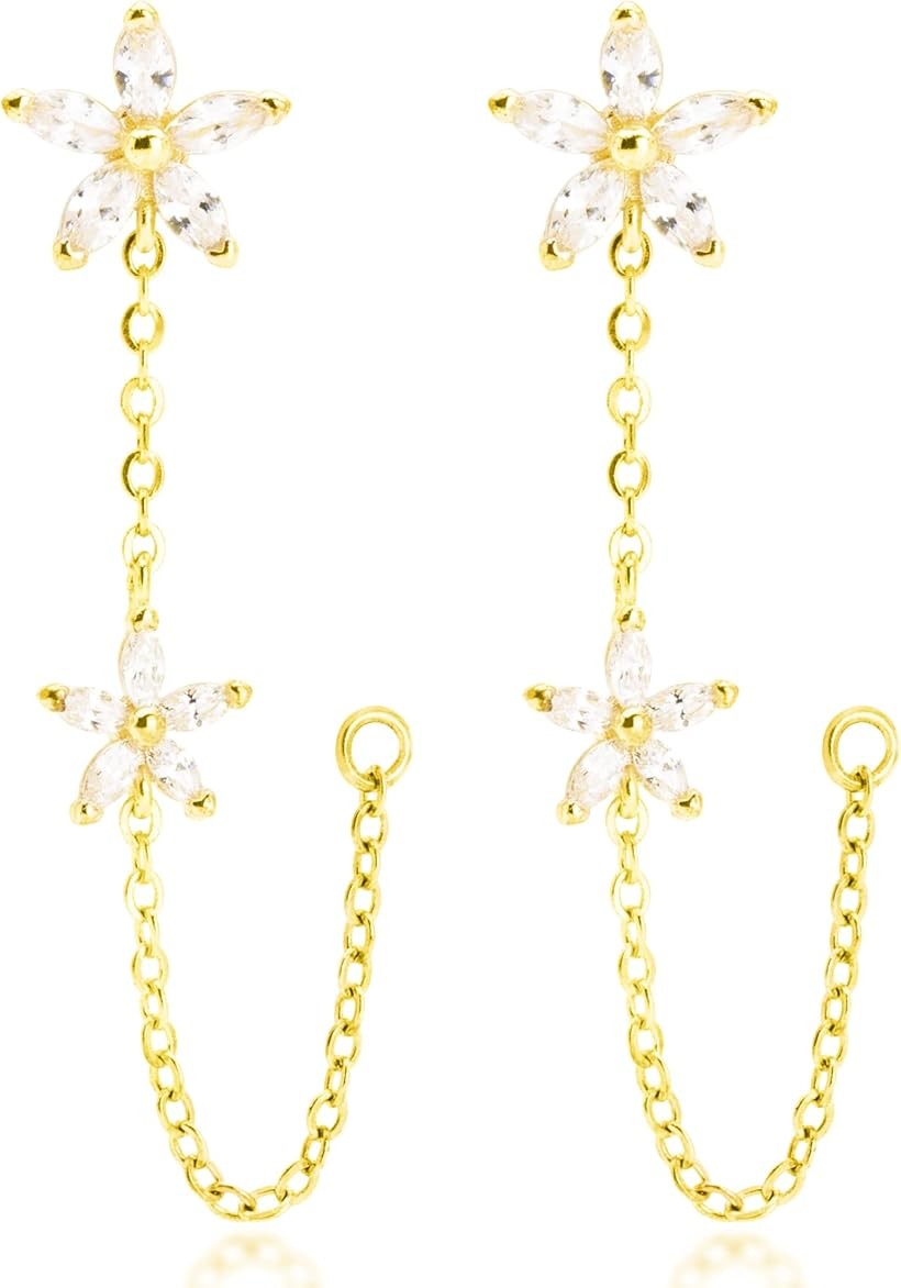 Pearl White - ピアス レディース 金属アレルギー対応 チェーンピアス 女性 アクセサリー 誕生日プレゼント 記念日 スタッドピアス (ゴールド)