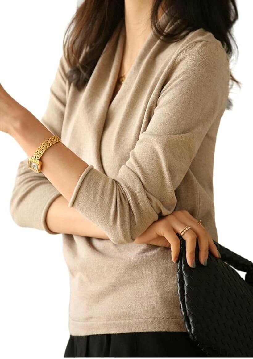 カシュクール ニット セーター 長袖 Vネック レディース トップス シンプル KSYU-BE-M (ベージュ, M)