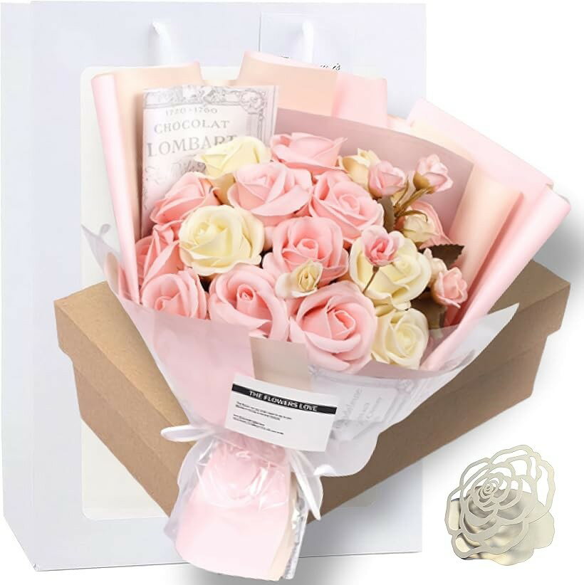 ソープフラワー 結婚記念日 彼女 薔薇 花束 ギフト 造花 メッセージカード ショップバッグ付 ピンク (ピンク)