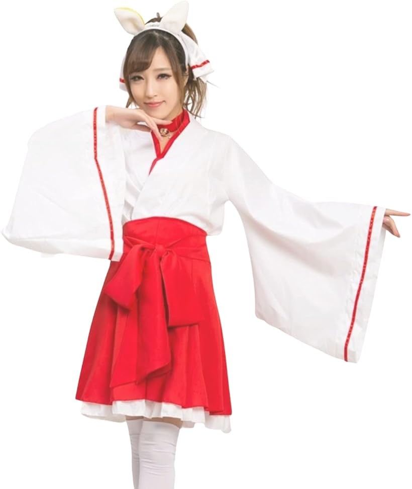 レディレイジー 巫女 コスプレ 女狐 和装 ミニ 袴 着物 浴衣 神社 衣装 狐耳 赤 白 (レッド, S)
