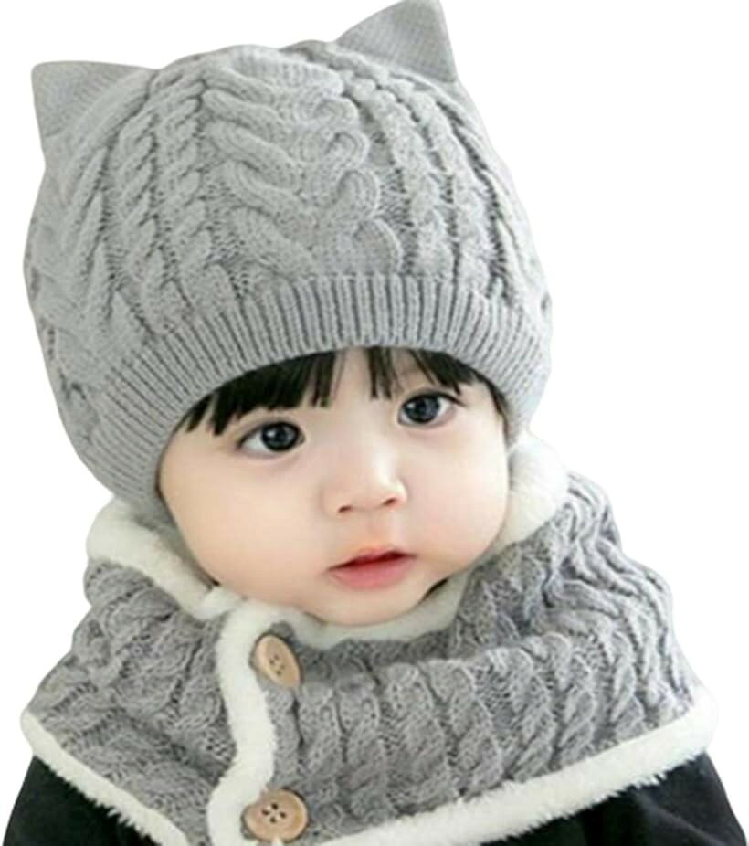 ミャオッティベビーニット帽子 ネックウォーマーセット 赤ちゃん 新生児 冬 耳付き...