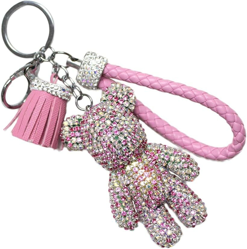 クマ ベア ファー バックチャーム キラキラ かわいい ストラップ キーリング キーホルダー アクセサリー (キラキラピンク, 8.3cm)
