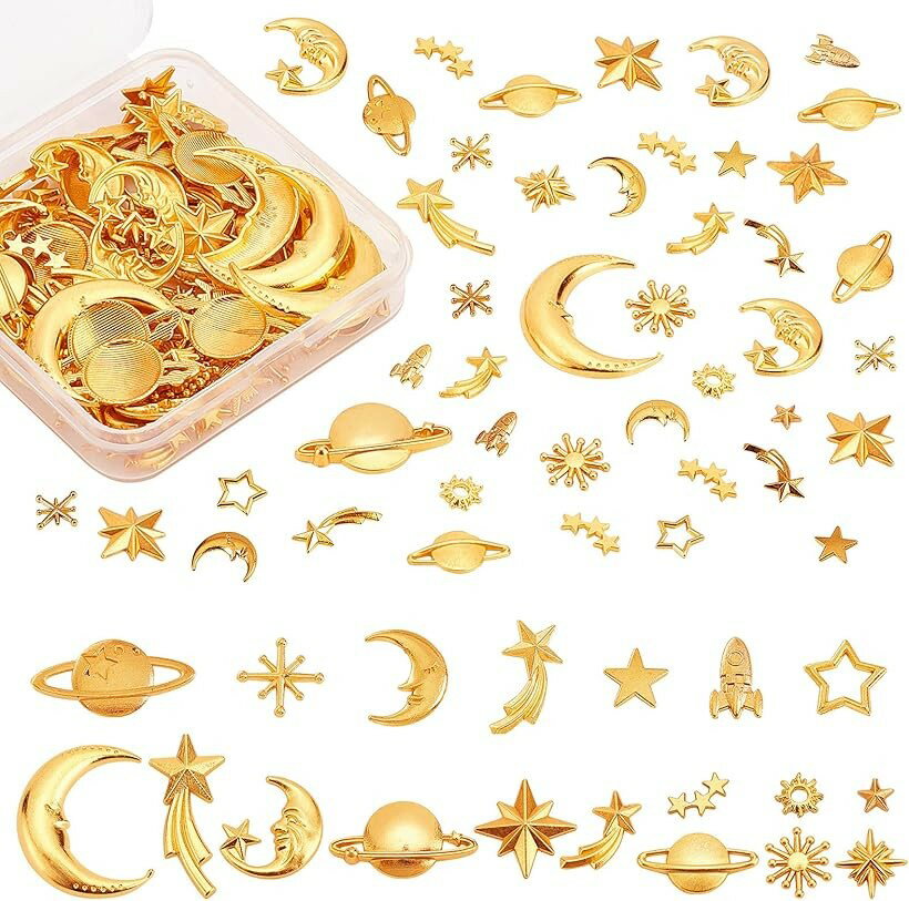 120個 レジン封入用 星月パーツ 惑星メタルパーツ 合金 デコパーツ ネックレス用 DIY用 (星月-ゴールド2)