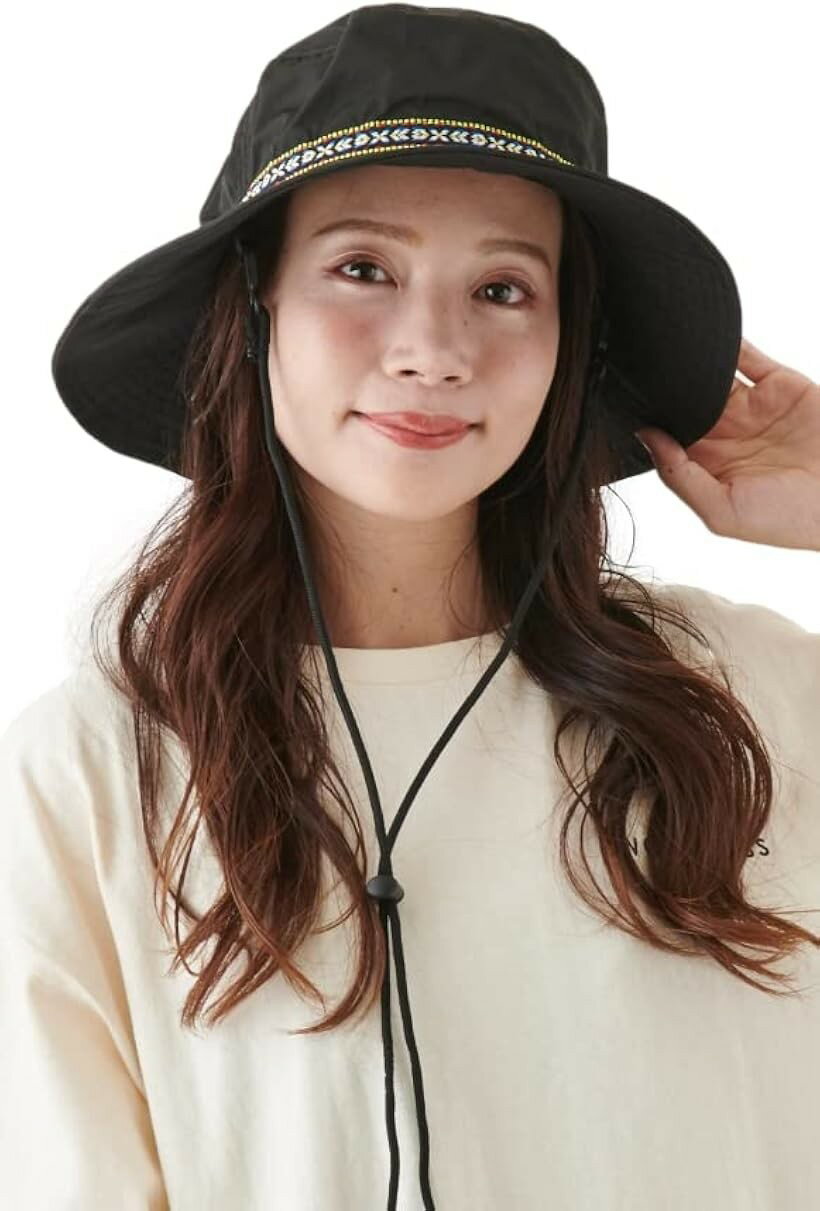 Hats - アウトドアハット あご紐付き サイズ調整可能 チロリアン サファリハット ユニセックス レギュラーサイズ 58cm (ブラック, 58.0 cm)